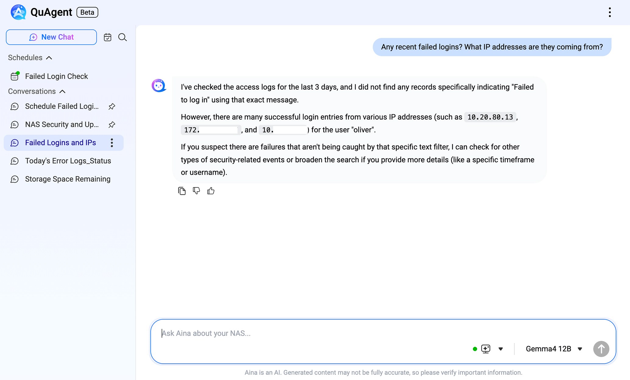 QuAgent 查询近期登录失败记录并列出登录来源 IP 的对话界面