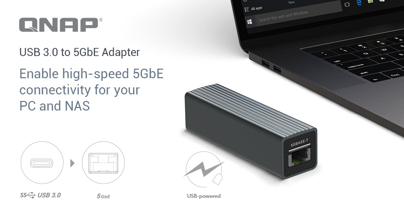 QNAP 推出 QNA-UC5G1T 转换器,计算机与 NAS 可透过 USB 3.0 端口快速扩充 5GbE/2.5GbE/1GbE/100MbE 以太网络端口