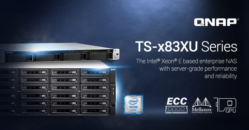 威联通新款 TS-x83XU NAS 系列搭载服务器等级 Intel Xeon E 处理器并内建 ECC 内存，支持双 10GbE SFP+ 网络端口、iSER 高速传输以及 PCIe 弹性扩充