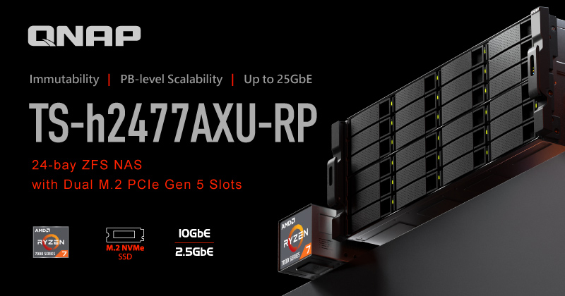 QNAP 大容量 TS-h2477AXU-RP：24-bay ZFS NAS 强化高速存储与稳定备援