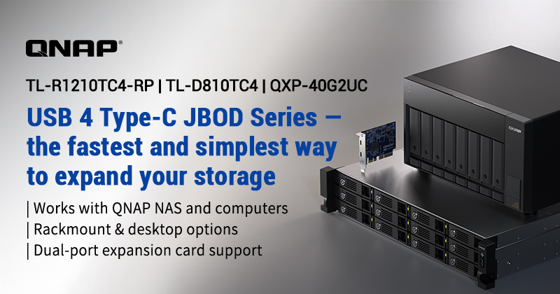 QNAP 推出可容纳多达 12 块硬盘的大容量 USB 4 Type-C JBOD 存储扩展设备，为桌面与机房提供灵活扩展选择