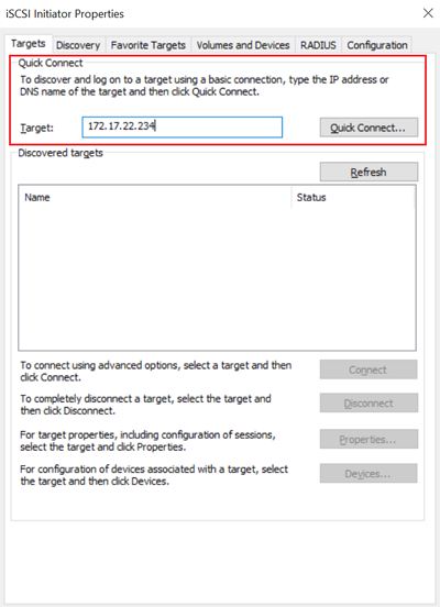 The status of the target now shows 'Connected'