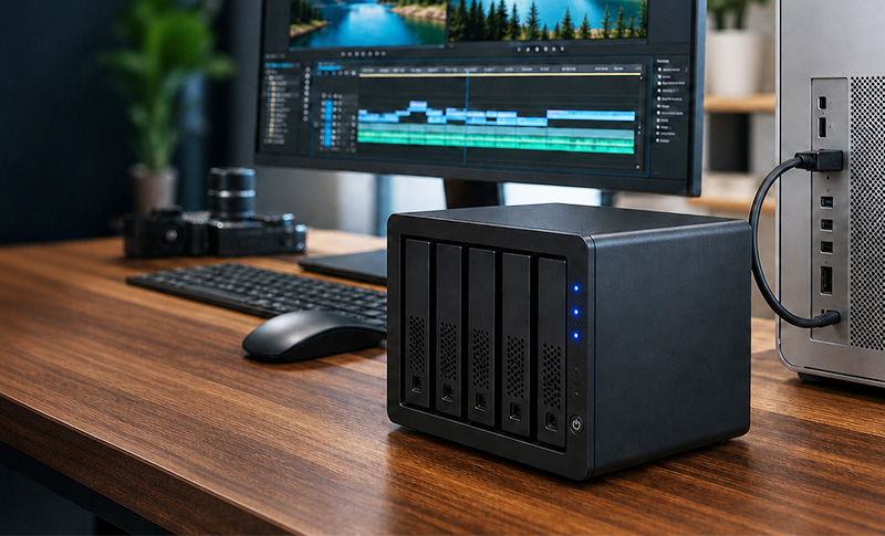 Thunderbolt 线缆连接 NAS 与工作站
